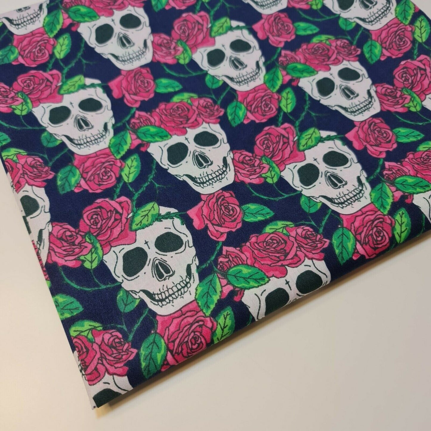 blue skull and roses halloween fabric by the meter