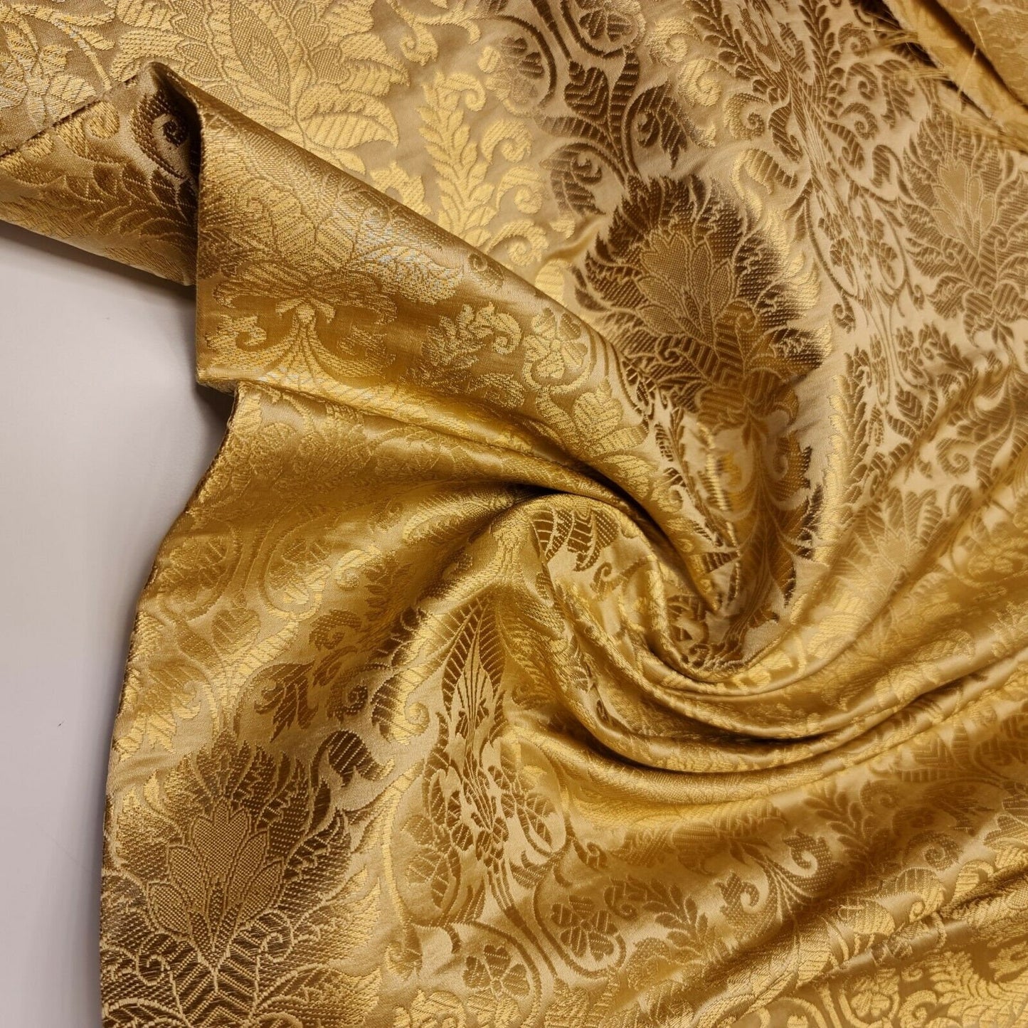 gold damask brocade fabric with floral gold leaf metallic design sold by meter in uk online