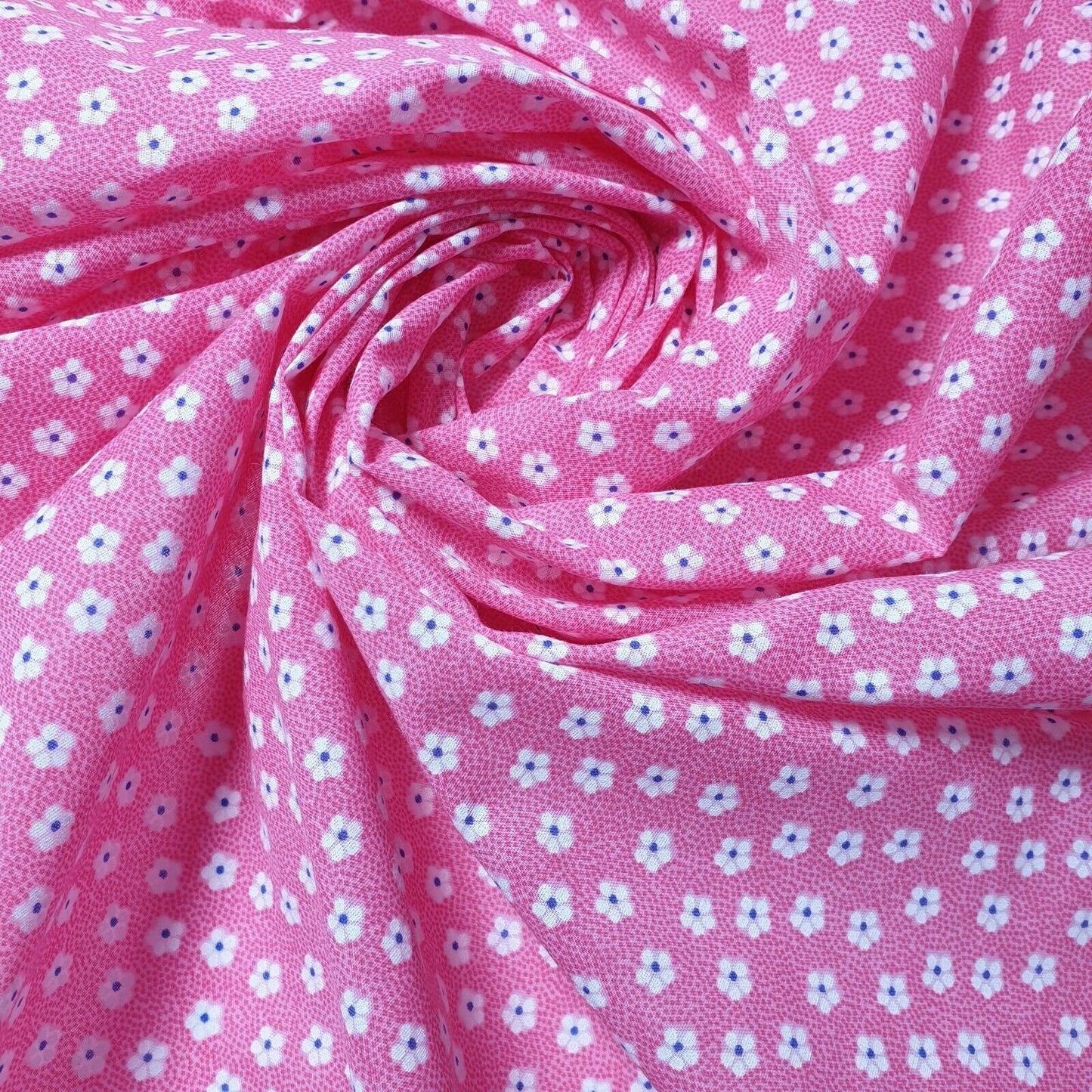 Neuer Blumenstoff aus Polycotton, rosa Basis, weiße Blumen, zum Basteln, Kleiderstoff, 111,8 cm, Meterware