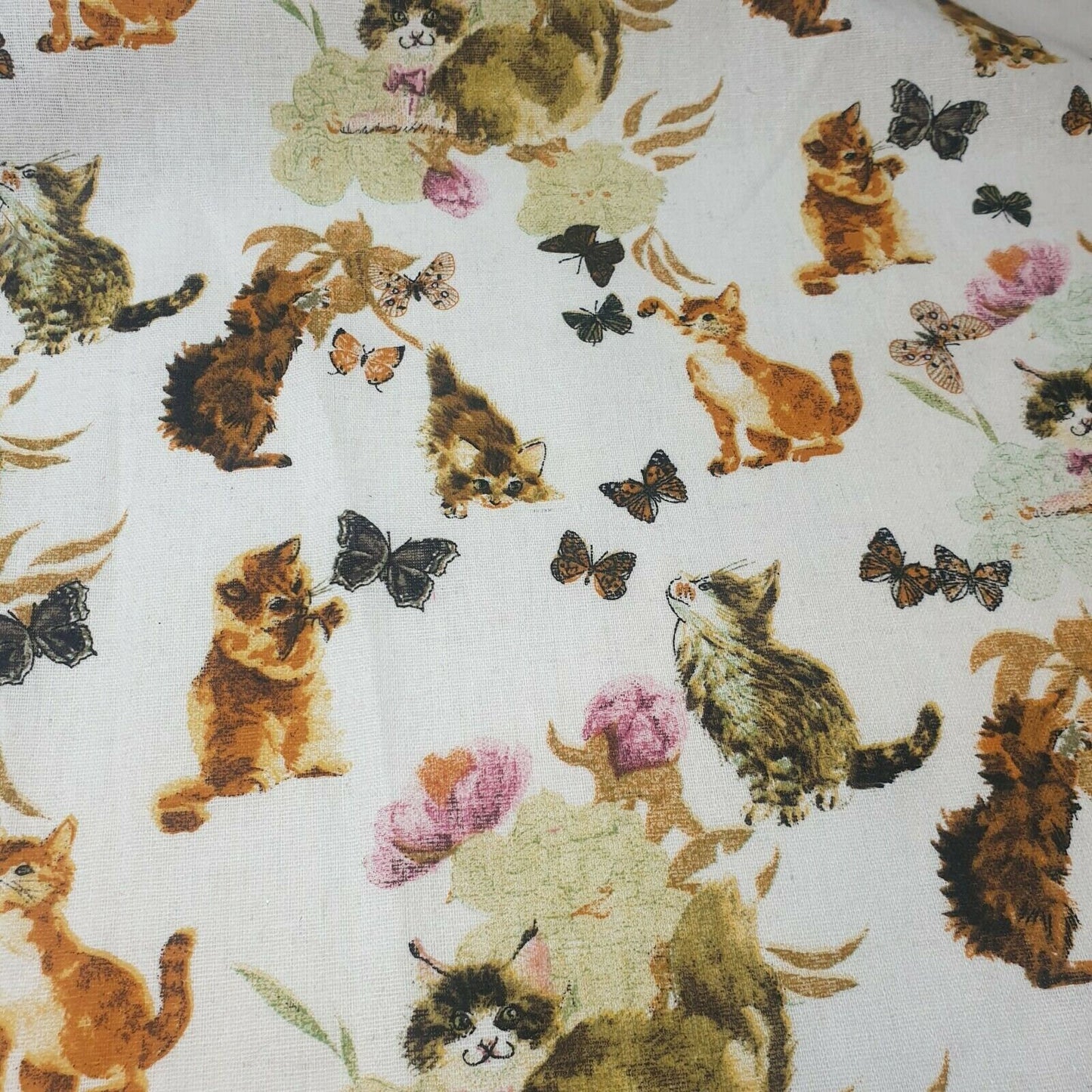 Cat and Butterflies 100% Cotton Printed Canvas Craft Fabric Dress Soft Furnishing Costume Material 58"