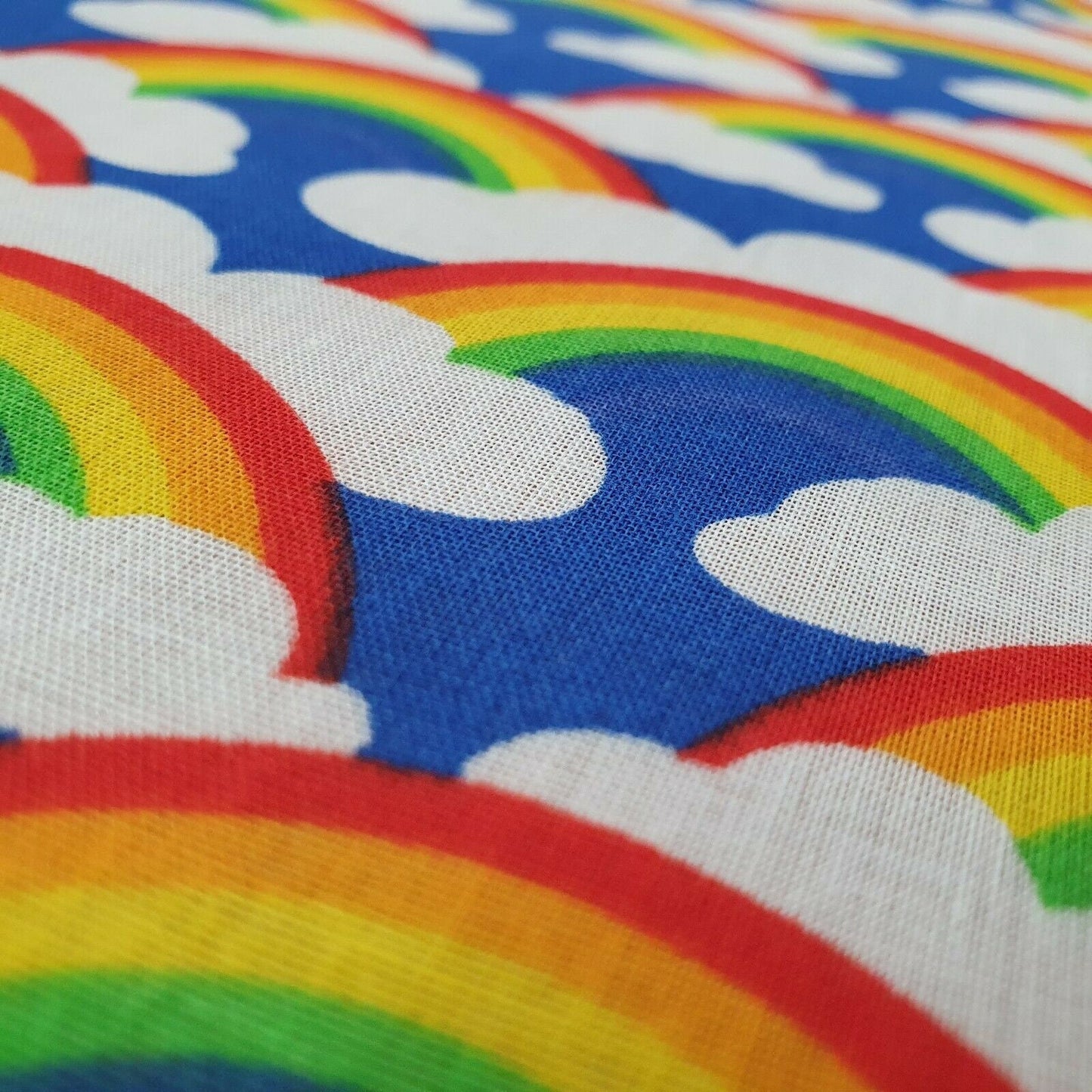 Blue Rainbow Clouds Polycotton Fabric – Bright Fun Print for Dressmaking, Quilting, Crafts & Sewing – Kids Fabric by the Metre
