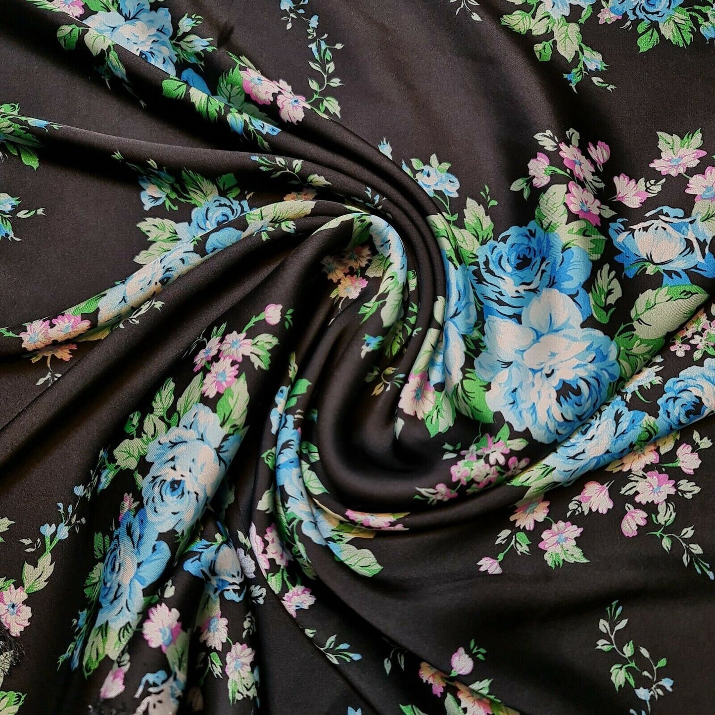 Black Roses Soft Floral Print Satin Dress Craft Fabric By The Meter 58"