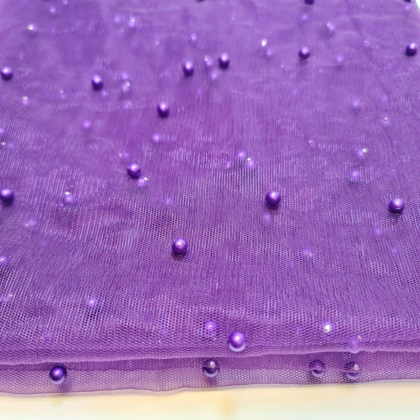 Cadbury Purple Tulle Beaded Pearl Lace Net Fabric Bridal Veil Wedding Backdrop Décor 58"
