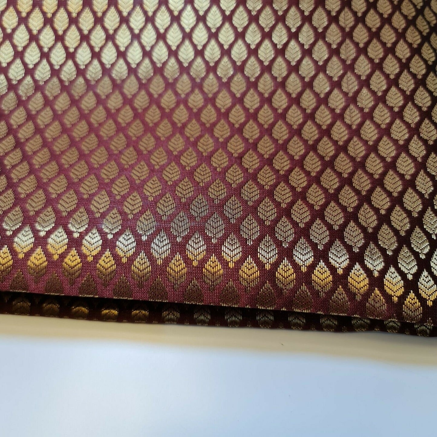 Burgundy Ditsy Gold Leaf Print Banarasi Brocade Fabric – 44” Wide – Floral Jacquard Indian Dress & Craft Material (By the Meter)