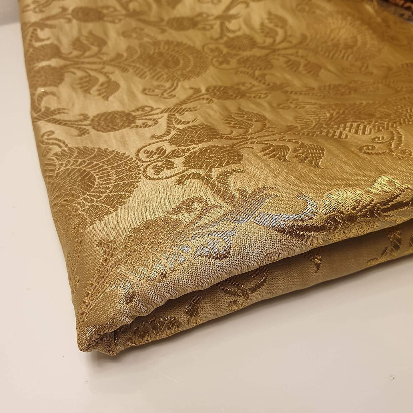 Gold PEACOCK TRAIL Floral Gold Metallic Banarasi Brocade Fabric – Premium Handloom Indian Fabric (by the Metre)