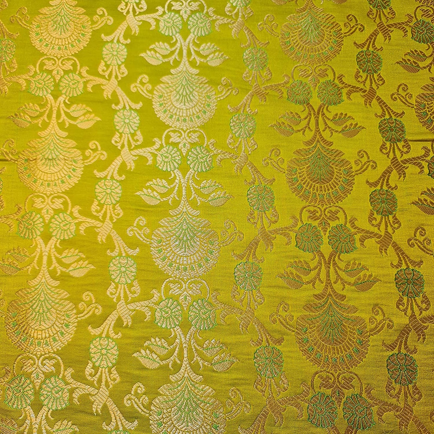 Lime PEACOCK TRAIL Floral Gold Metallic Banarasi Brocade Fabric – Premium Handloom Indian Fabric (by the Metre)