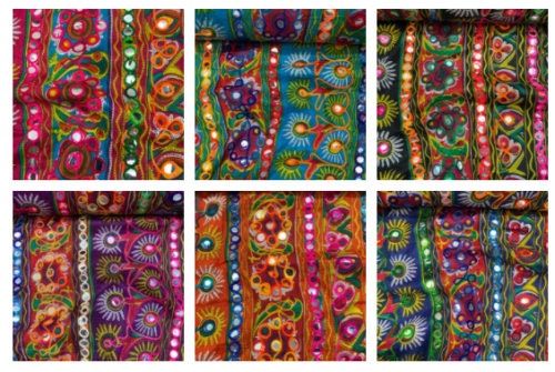 Cotton Indian Ethnic Mirror Embroidery Suzani Rangoli Boho Banjara Fabric 44" (Design 2)