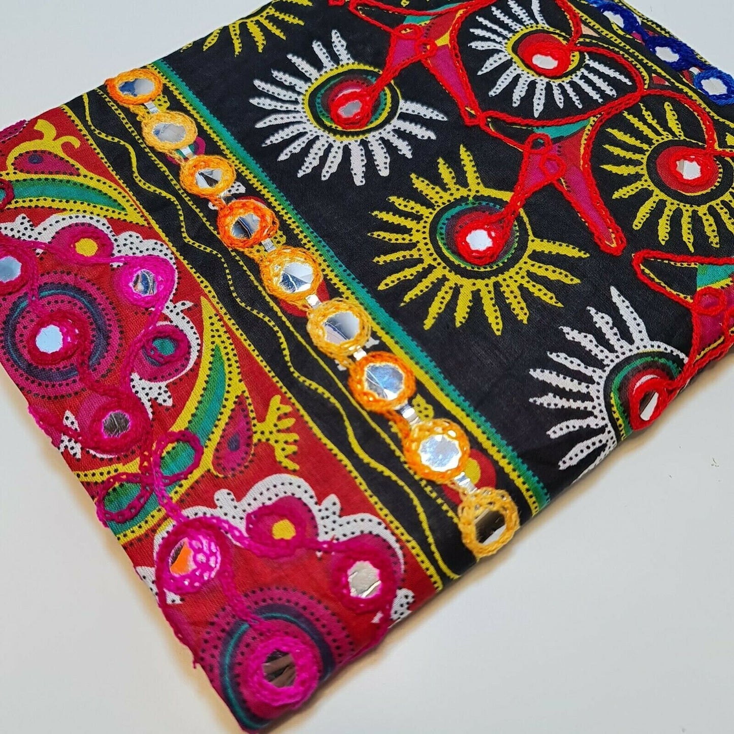 Black Cotton Indian Ethnic Mirror Embroidery Suzani Rangoli Boho Banjara Fabric 44" By the Meter
