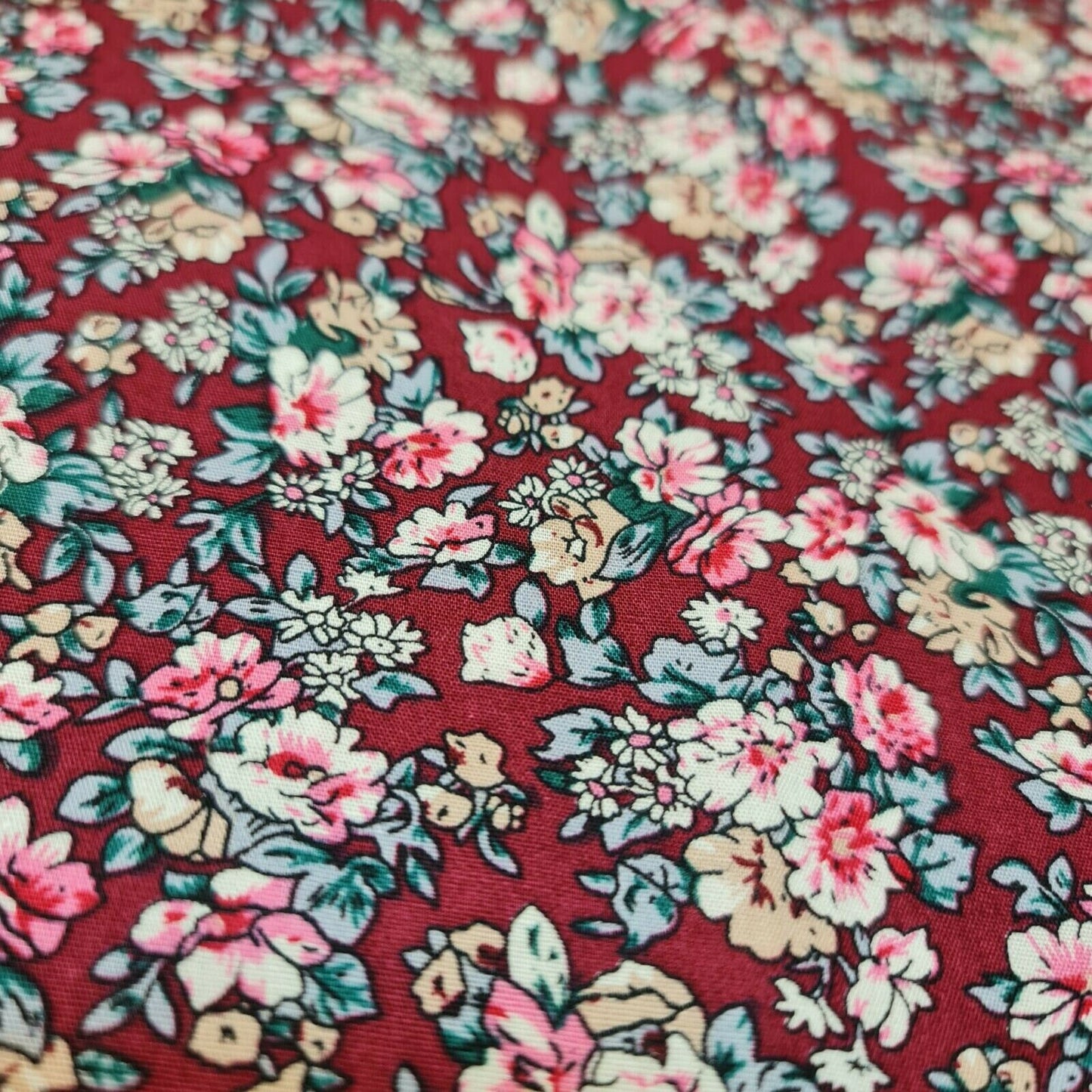Cerise Base 100% Cotton Poplin Floral Spring Bloom Print Fabric Dress Craft Soft Fabric 58"