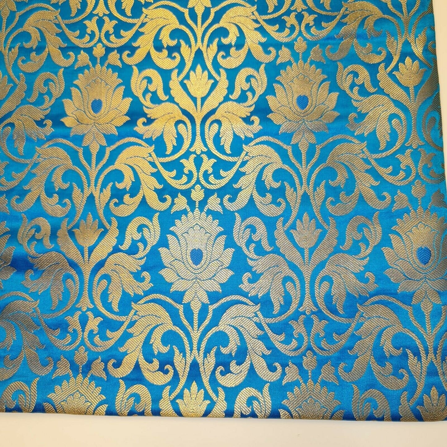 Turquoise Floral Brocade Jacquard Banarasi Fabric – 44” Wide – Indian Dress, Craft, Costume & Curtain Material (By the Meter)
