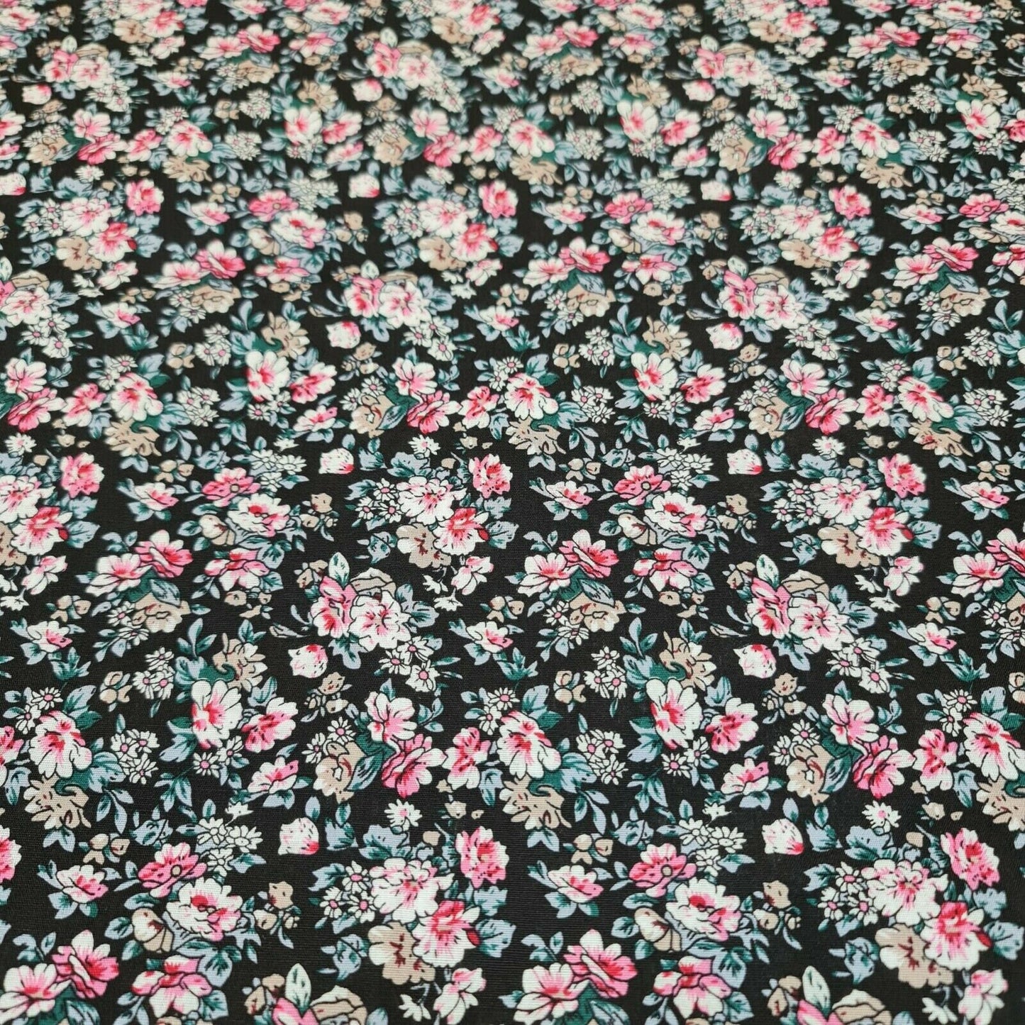 Black Base 100% Cotton Poplin Floral Spring Bloom Print Fabric Dress Craft Soft Fabric 58"