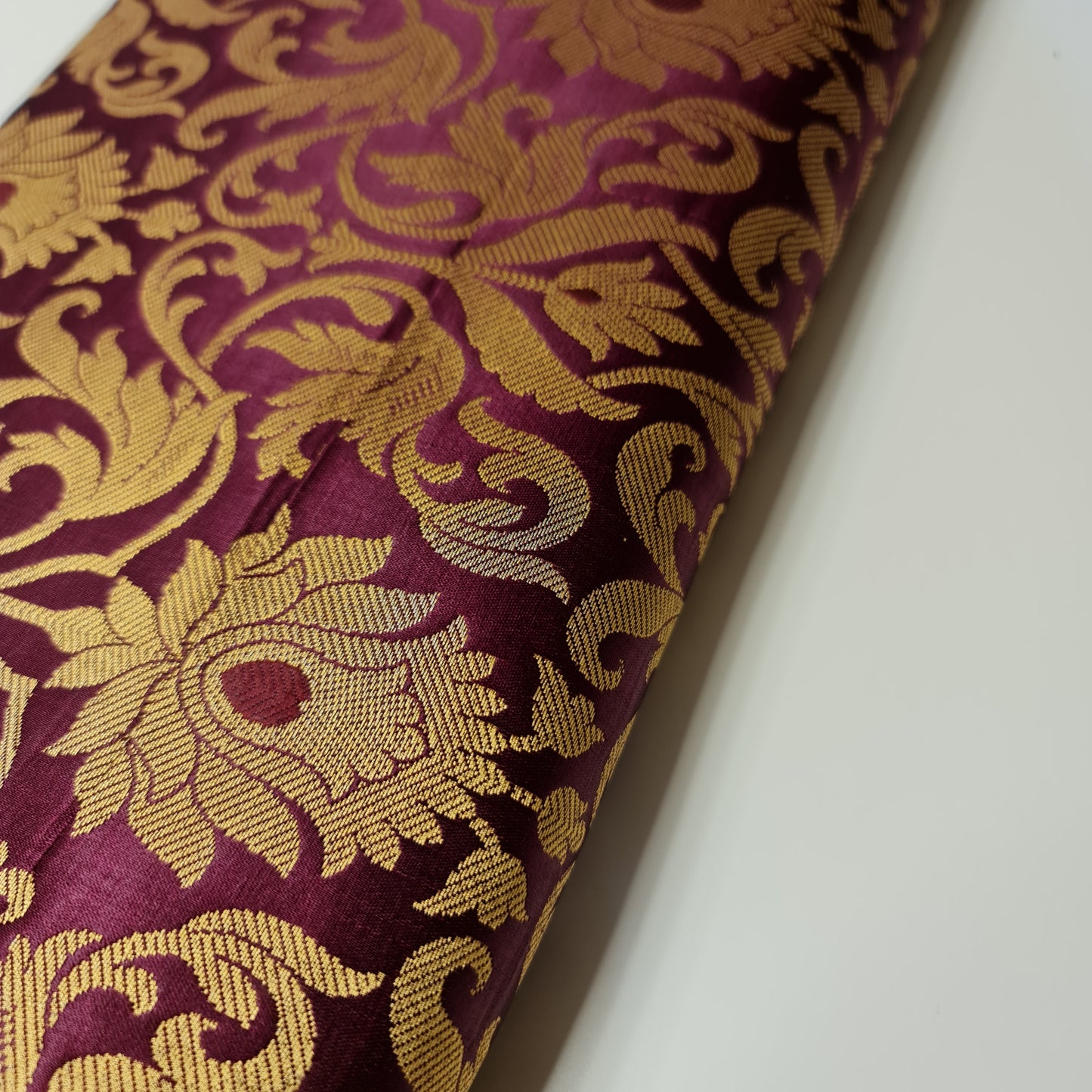 BURGUNDY Floral Brocade Jacquard Banarasi Fabric – 44” Wide – Indian Dress, Craft, Costume & Curtain Material (By the Meter)