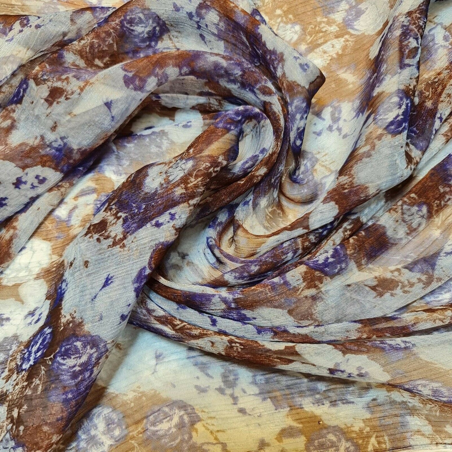 Bedruckter Crêpe-Georgette-Stoff, braun-blaues Blumenmuster, Sommerkleid (58" breit)