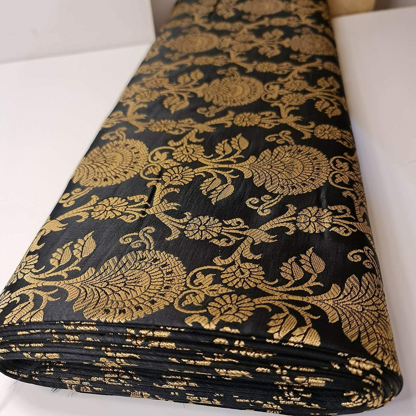 Black PEACOCK TRAIL Floral Gold Metallic Banarasi Brocade Fabric – Premium Handloom Indian Fabric (By the Meter)