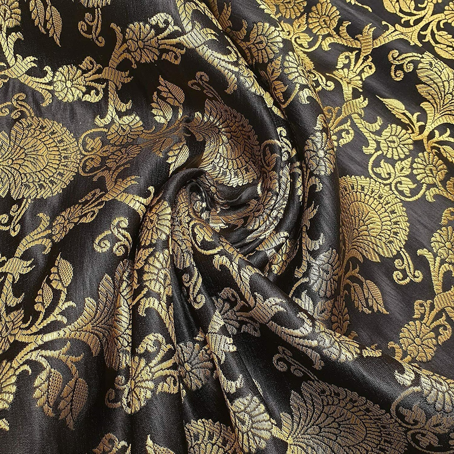 Black PEACOCK TRAIL Floral Gold Metallic Banarasi Brocade Fabric – Premium Handloom Indian Fabric (By the Meter)
