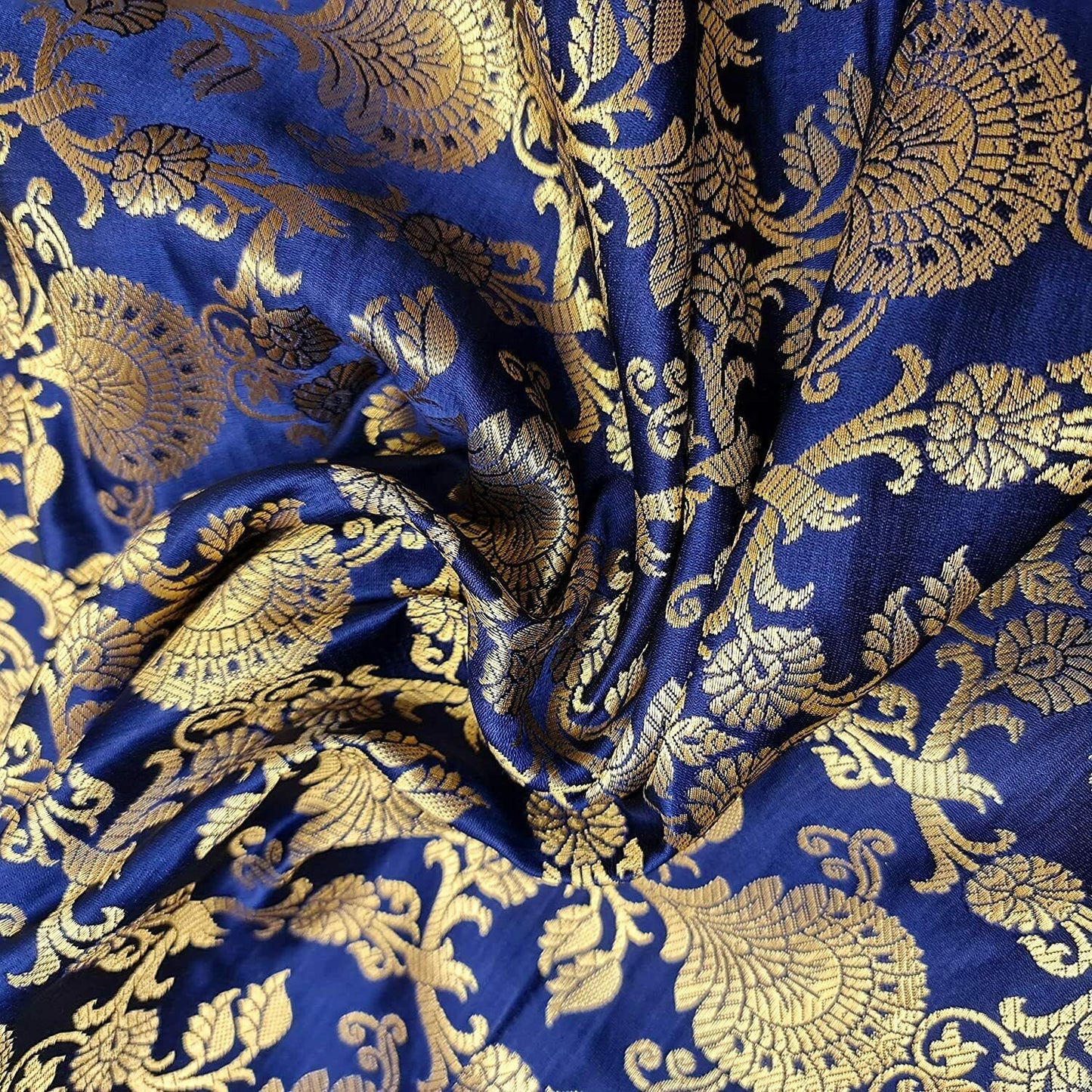 Navy Blue PEACOCK TRAIL Floral Gold Metallic Banarasi Brocade Fabric – Premium Handloom Indian Fabric (By the Meter)