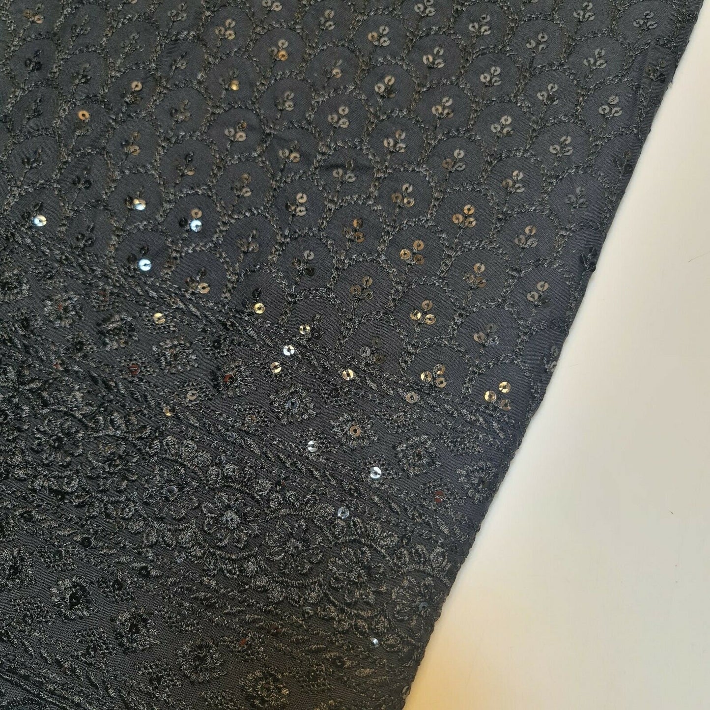 Black Broderie Anglaise Sequin Embroidery Soft Viscose Dress Craft Fabric – 44" By The Meter