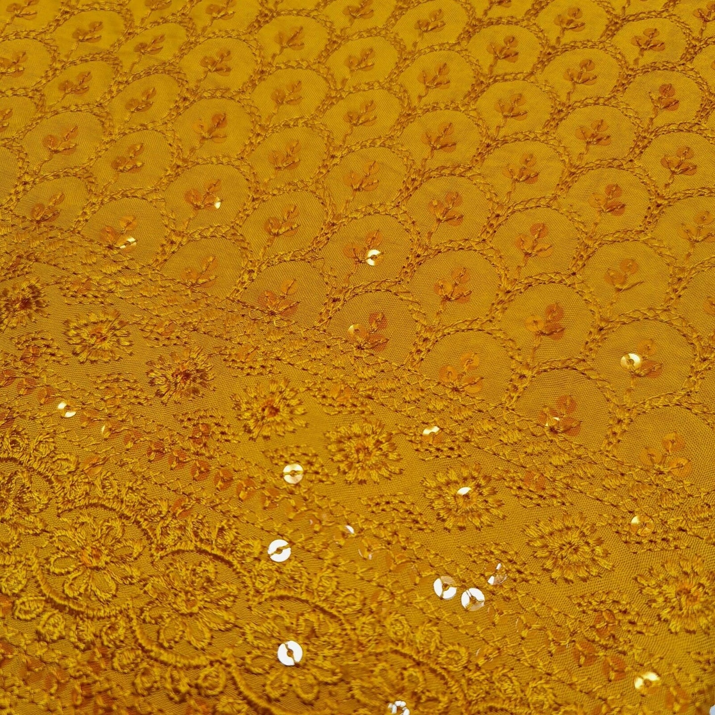 Mustard Broderie Anglaise Sequin Embroidery Soft Viscose Dress Craft Fabric – 44" By The Meter