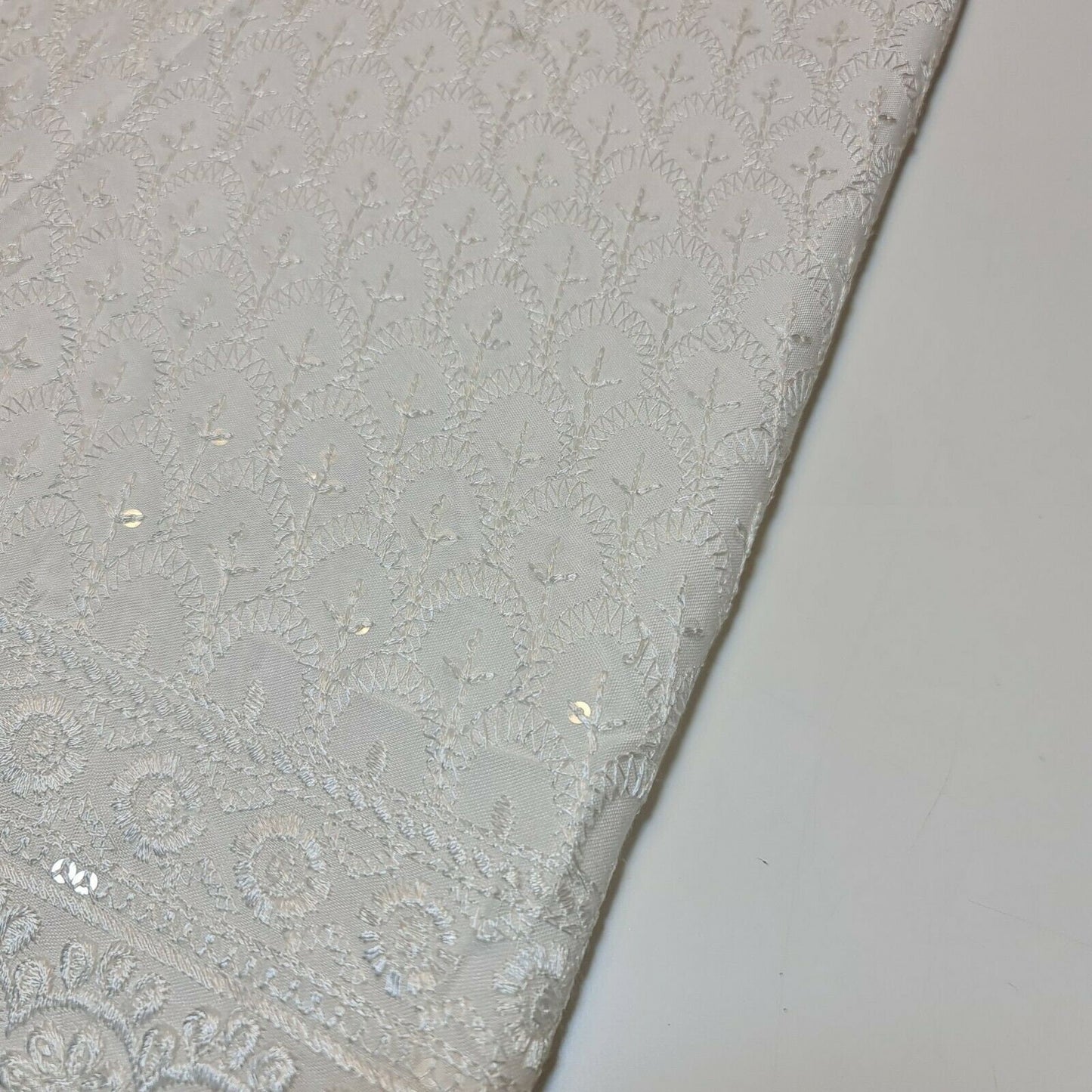 White Broderie Anglaise Sequin Embroidery Soft Viscose Dress Craft Fabric – 44" By The Meter