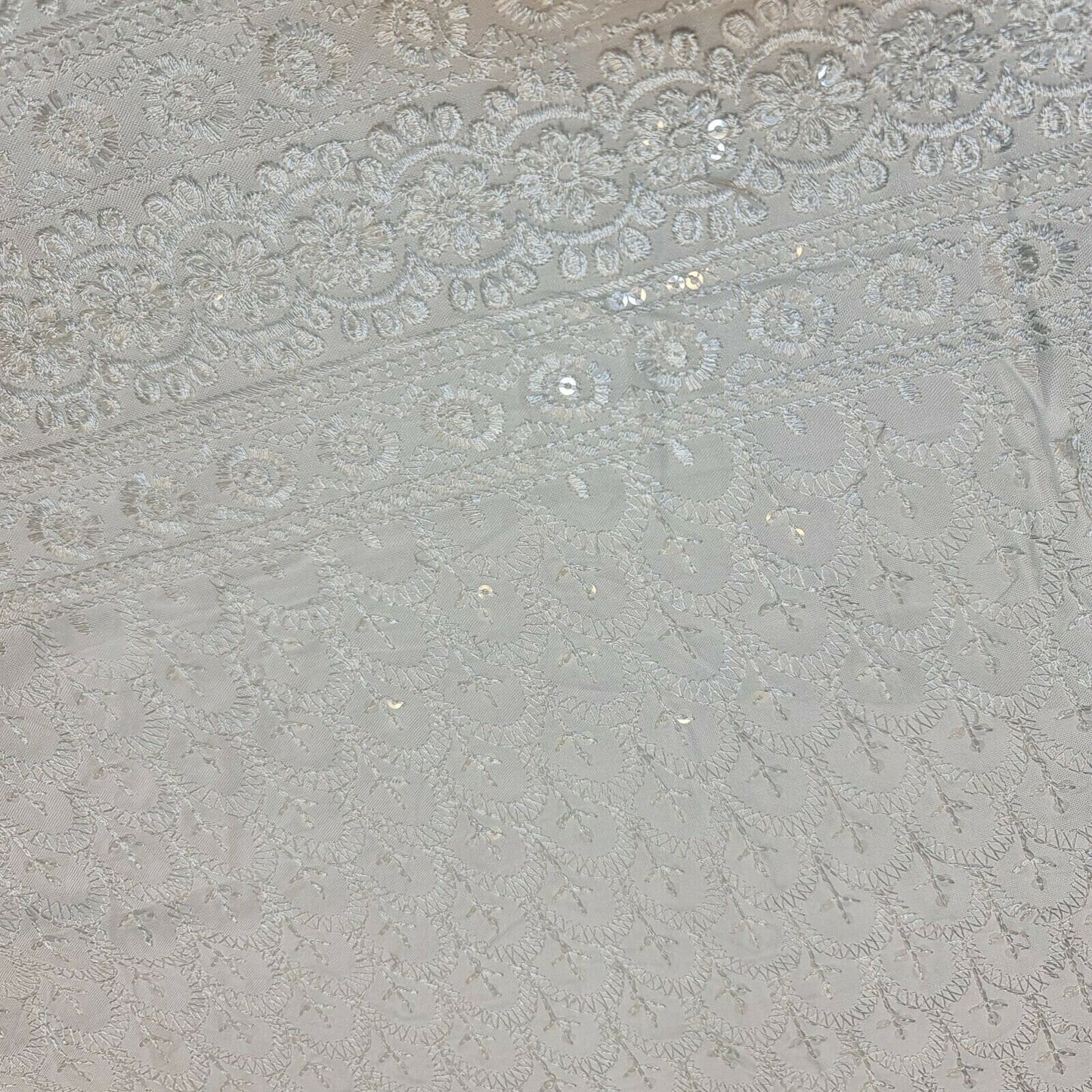 White Broderie Anglaise Sequin Embroidery Soft Viscose Dress Craft Fabric – 44" By The Meter