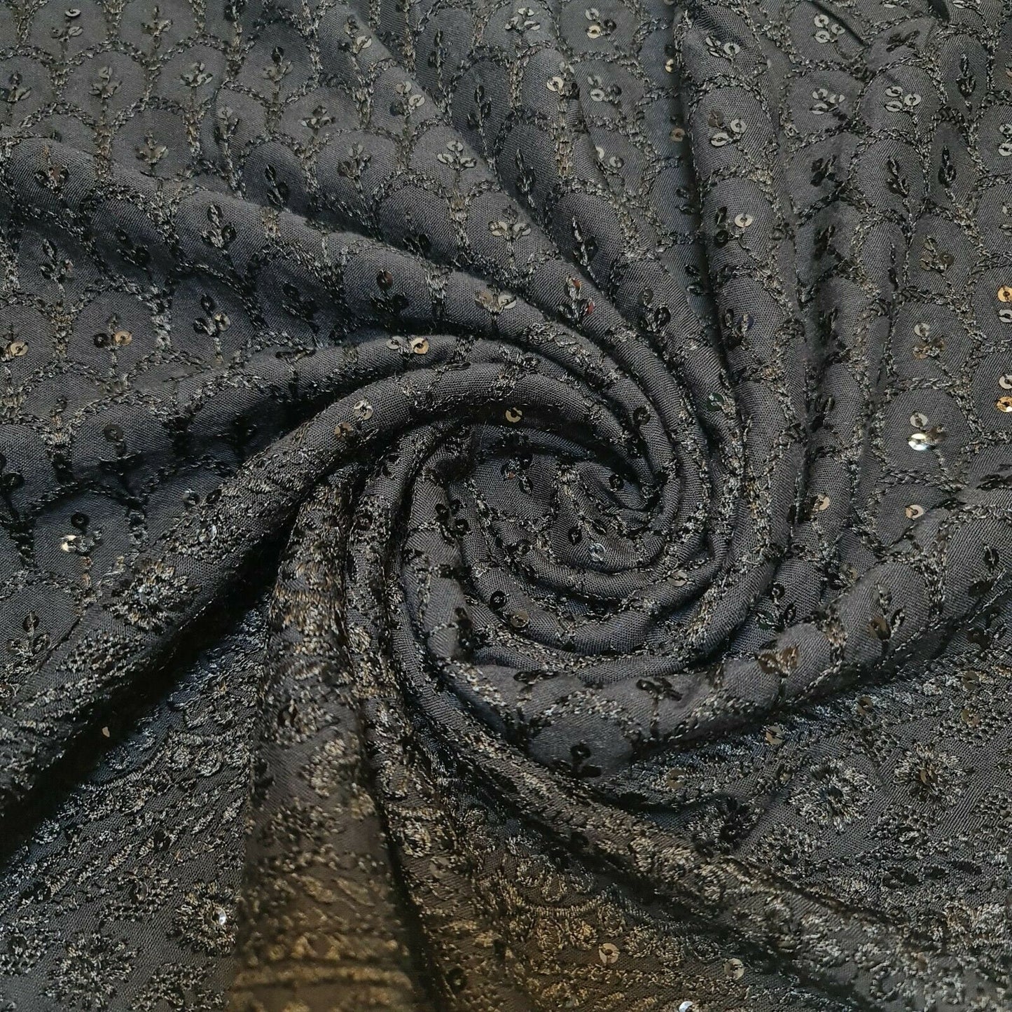 Black Broderie Anglaise Sequin Embroidery Soft Viscose Dress Craft Fabric – 44" By The Meter