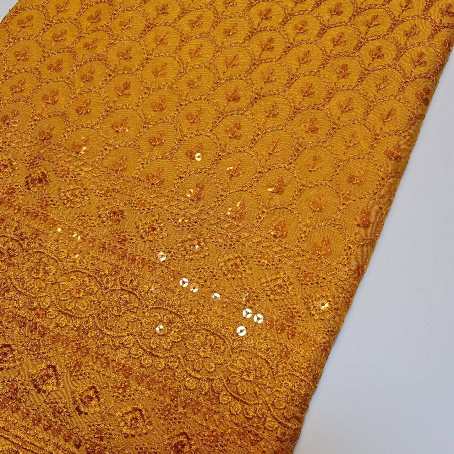 Mustard Broderie Anglaise Sequin Embroidery Soft Viscose Dress Craft Fabric – 44" By The Meter