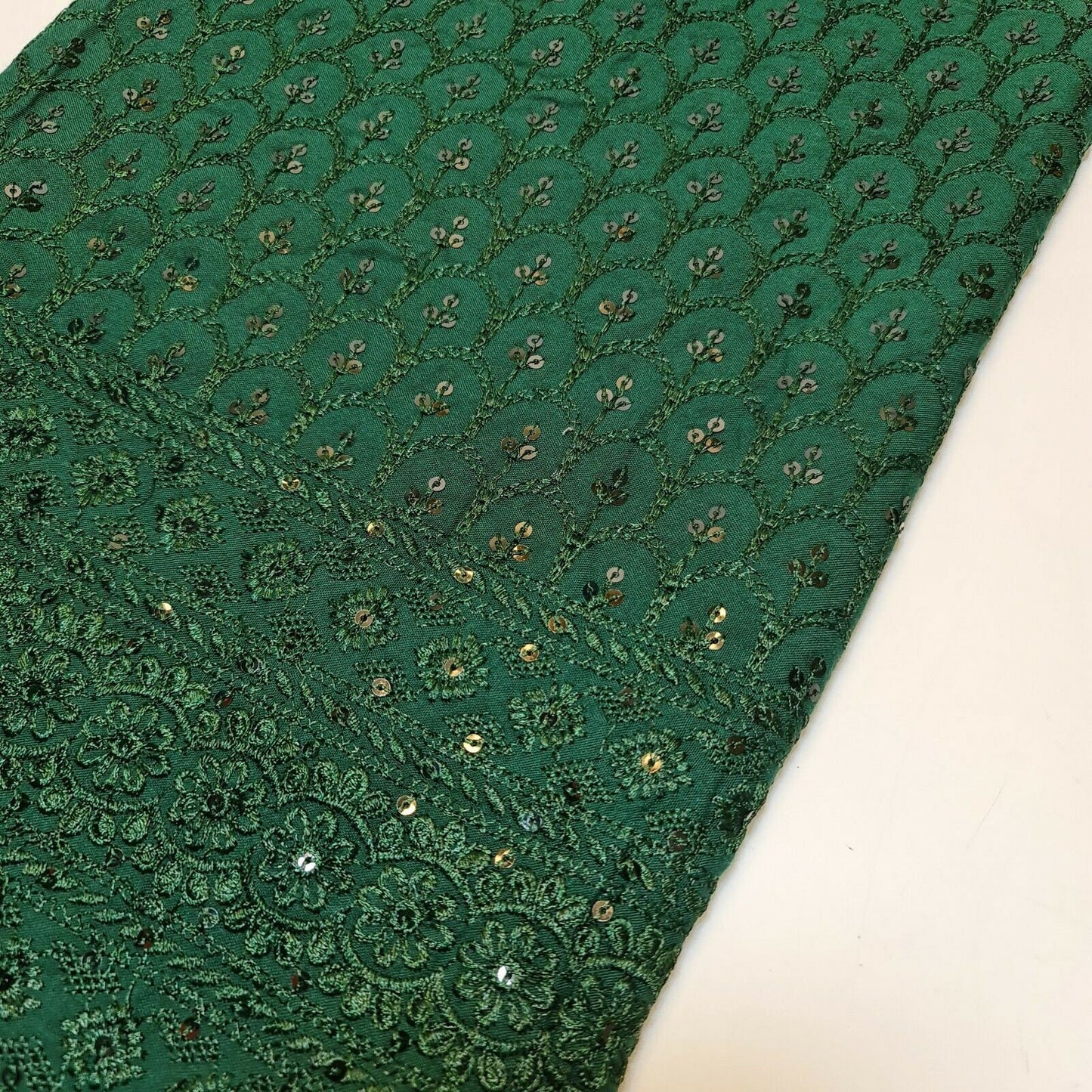 Broderie Anglais Sequin Embroidery ANGLAISE Soft Viscose Dress Craft Fabric 44" (Bottle Green)