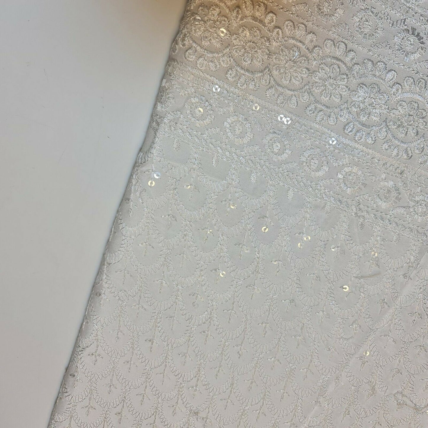 White Broderie Anglaise Sequin Embroidery Soft Viscose Dress Craft Fabric – 44" By The Meter