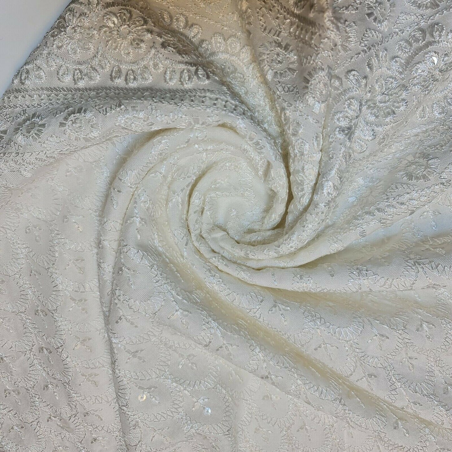 White Broderie Anglaise Sequin Embroidery Soft Viscose Dress Craft Fabric – 44" By The Meter