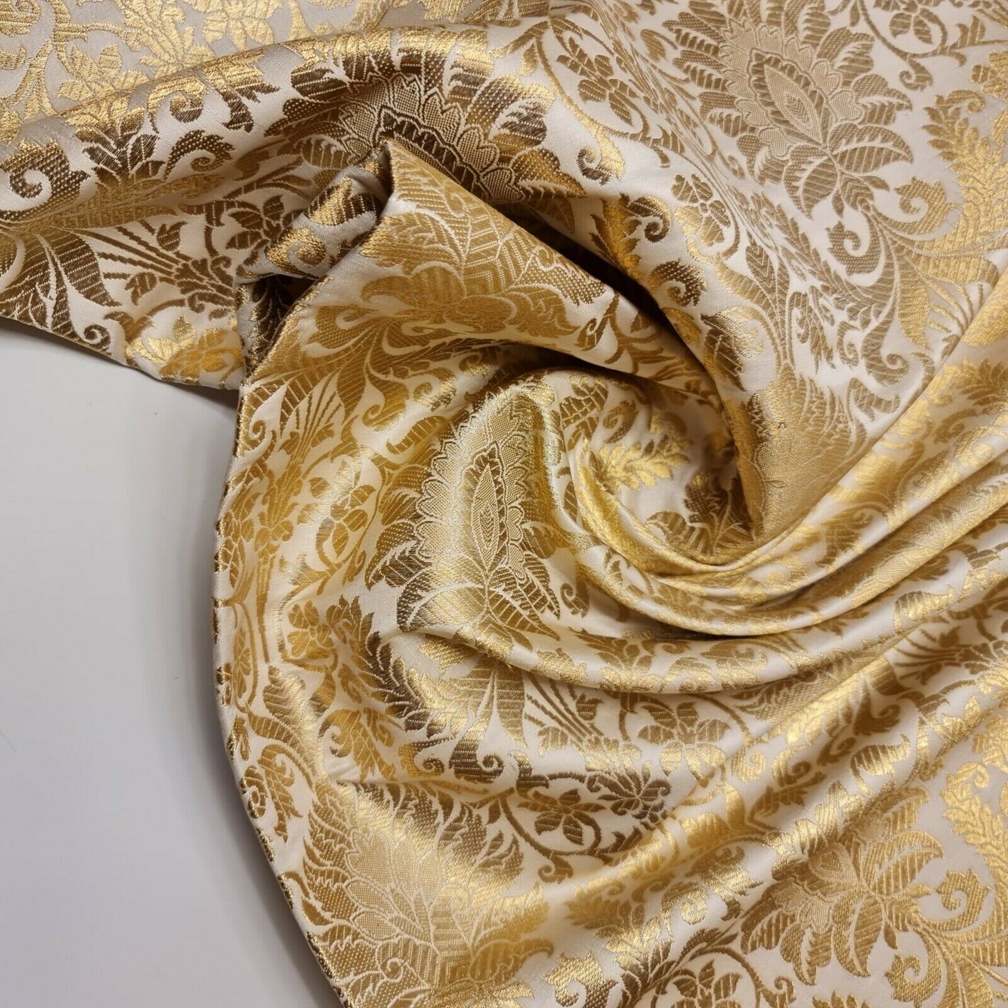 light gold floral leaf damask banarasi brocade fabric in uk by i need fabric