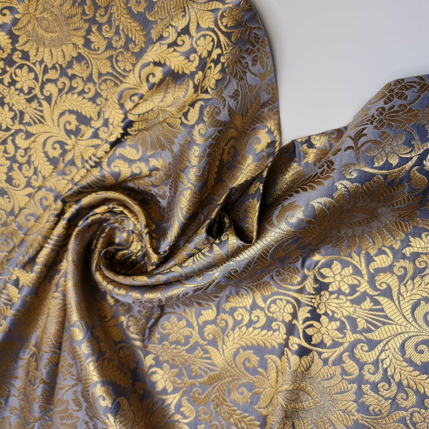 marl grey floral gold leaf damask banarasi brocade fabric sold by meter in uk
