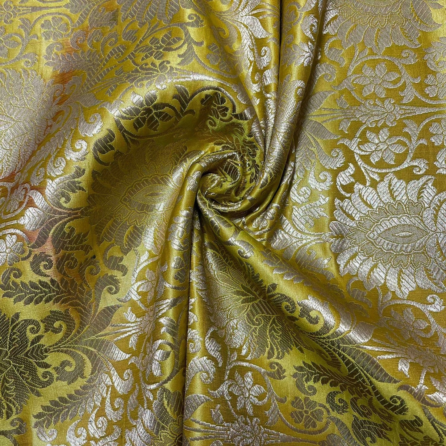 mustard silk brocade fabric for dressmaking and crafting