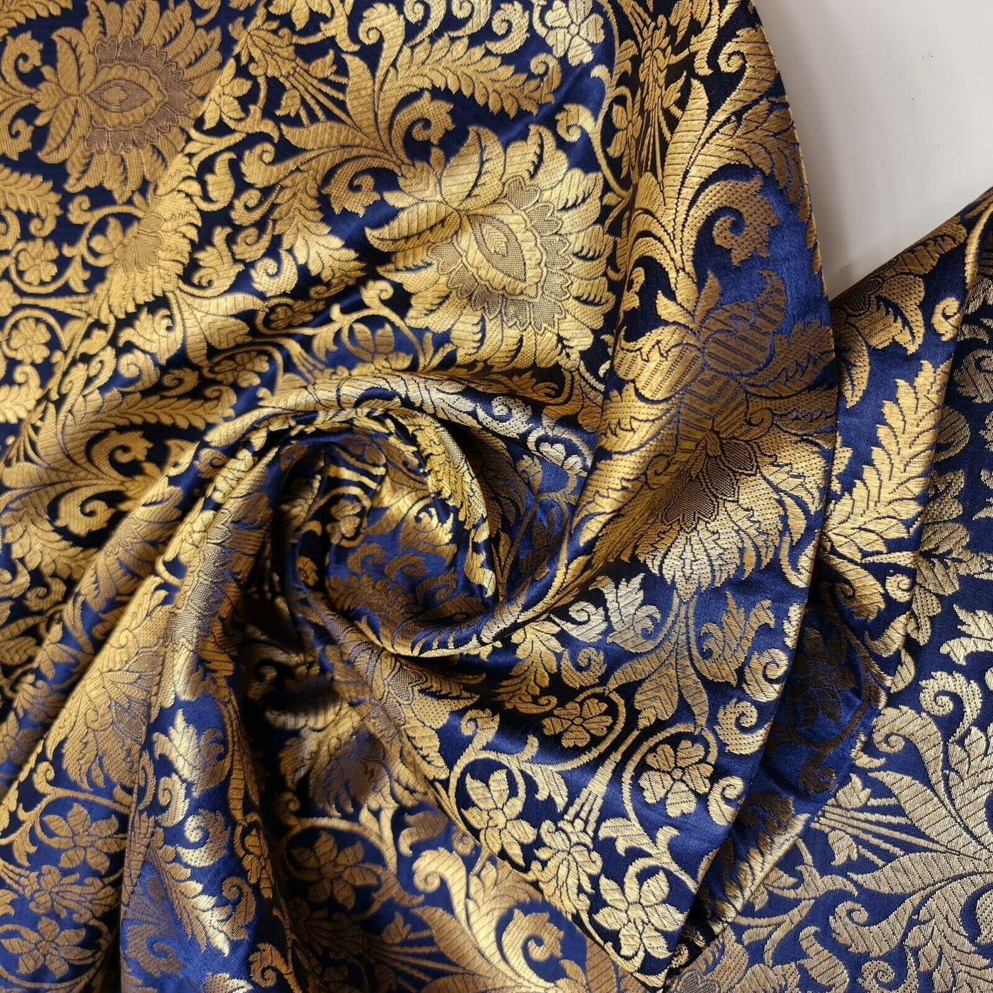 navy blue floral gold leaf damask brocade fabric sold by meter online in uk