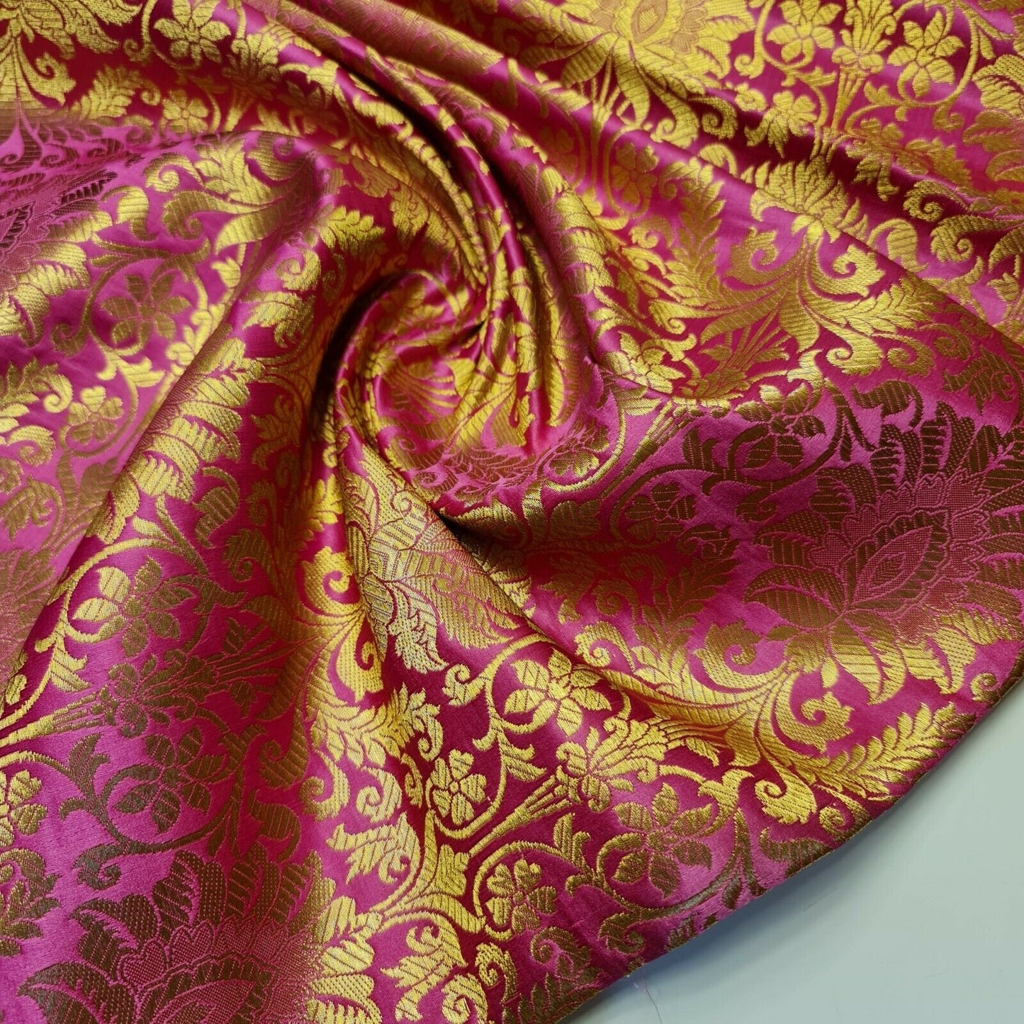 pink floral gold leaf damask banarasi brocade fabric sold by meter in uk