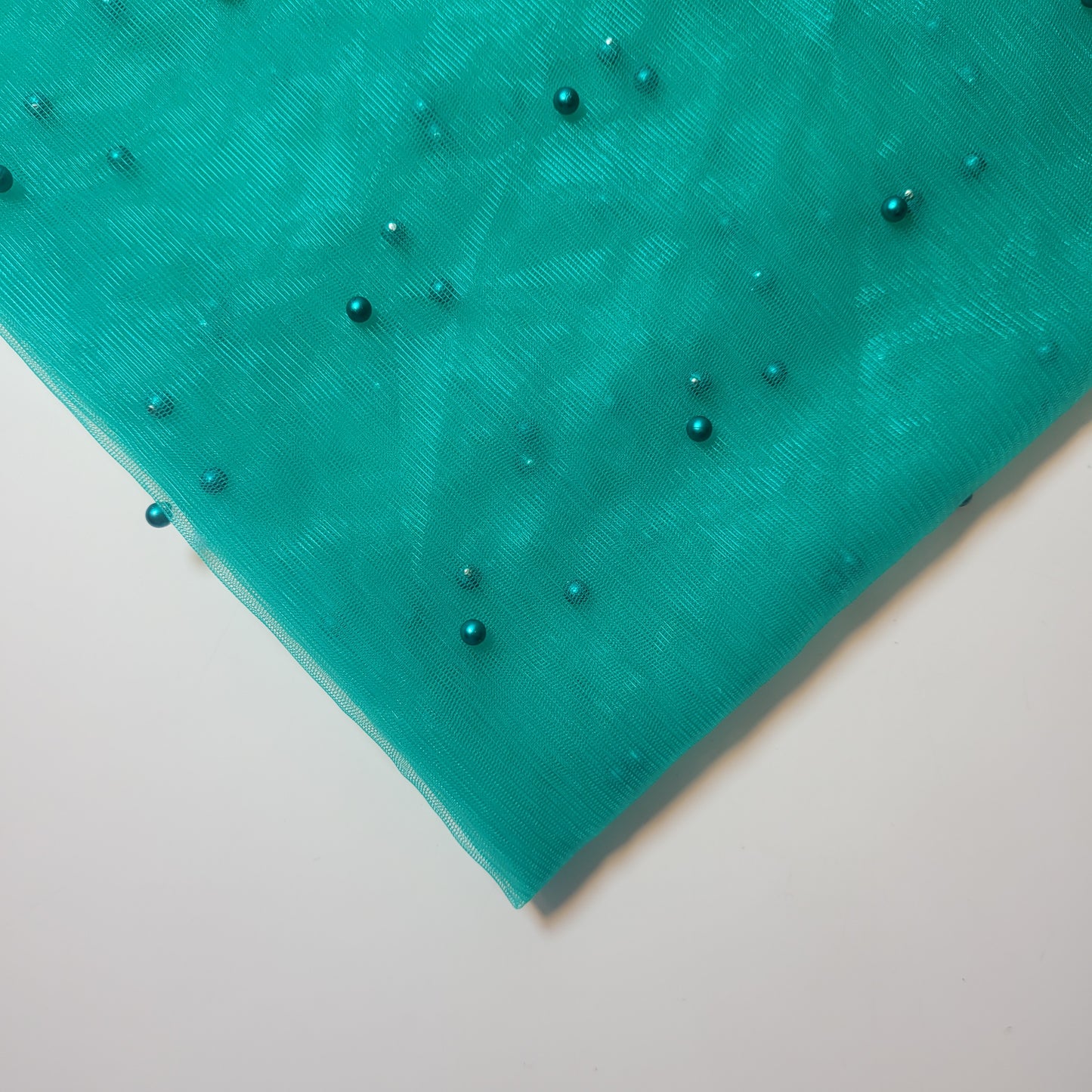 Turquoise Pearl Beaded Soft Tulle Mesh Fabric Embellished Net Material 58" Wide By The Meter