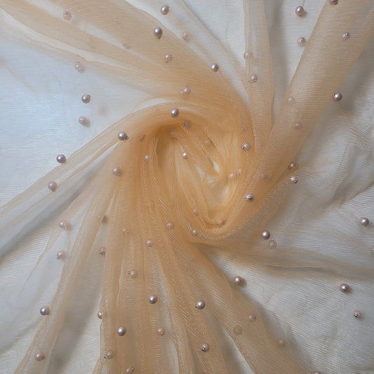 Light Peach Pearl Beaded Soft Tulle Mesh Fabric Embellished Net Material 58" Wide By The Meter