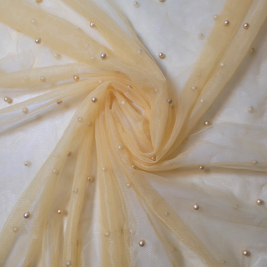 Pastel Yellow Pearl Beaded Soft Tulle Mesh Fabric Embellished Net Material 58" Wide By The Meter