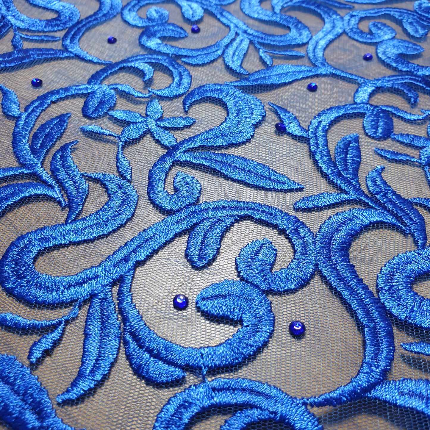 Royal Blue Premium Mesh Net Material Floral Diamante Embroidery Dress Craft Fabric 58" By The Meter