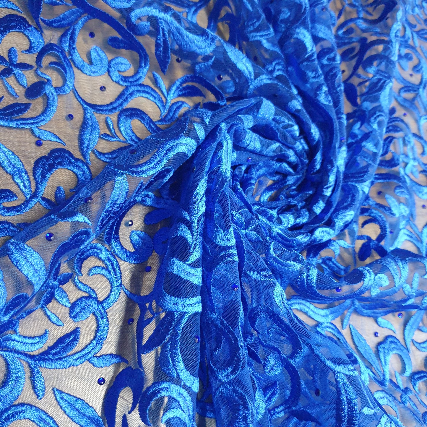 Royal Blue Premium Mesh Net Material Floral Diamante Embroidery Dress Craft Fabric 58" By The Meter