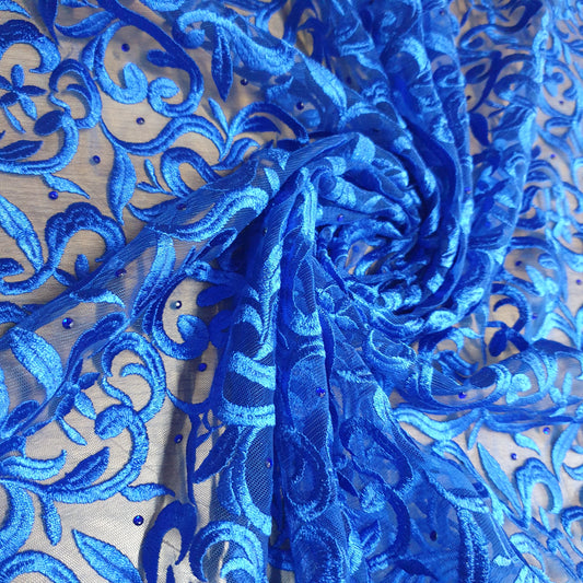 Royal Blue Premium Mesh Net Material Floral Diamante Embroidery Dress Craft Fabric 58" By The Meter