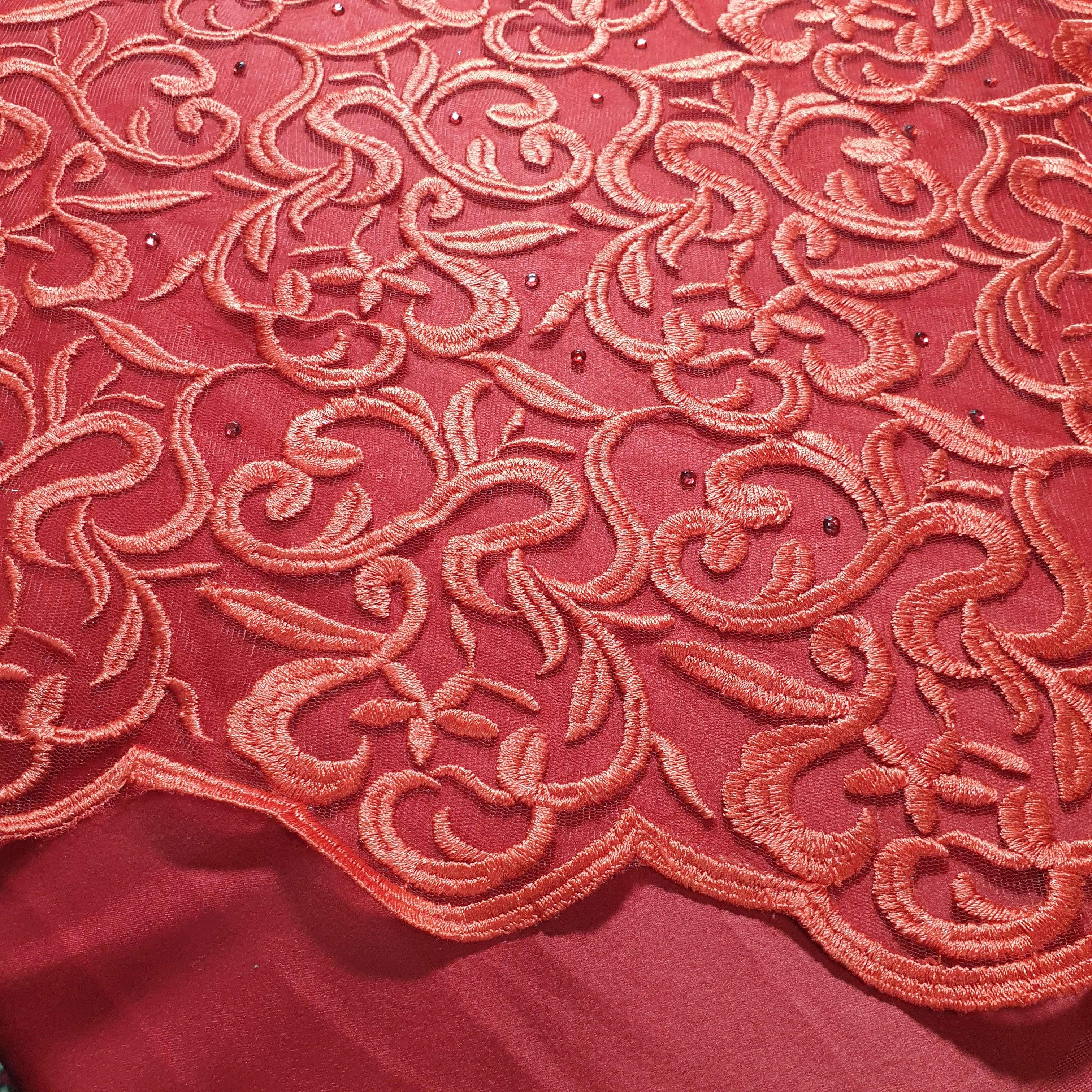 Red Premium Mesh Net Material Floral Diamante Embroidery Dress Craft F ...