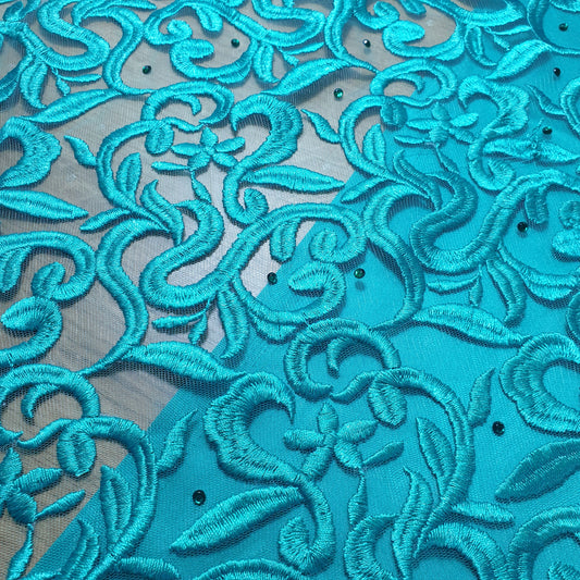 Jade Premium Mesh Net Material Floral Diamante Thread Embroidery Dress Craft Fabric 58" By The Meter