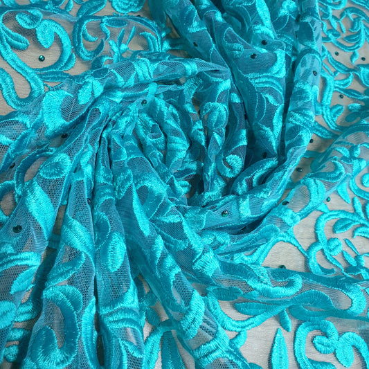 Jade Premium Mesh Net Material Floral Diamante Thread Embroidery Dress Craft Fabric 58" By The Meter