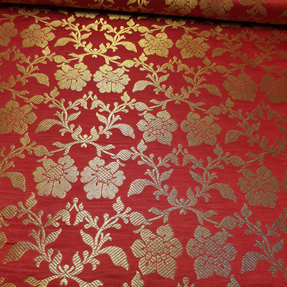 Red Banarasi Brocade Fabric with Gold Zari Floral Design | Premium Indian Jacquard Material By Meter 44"