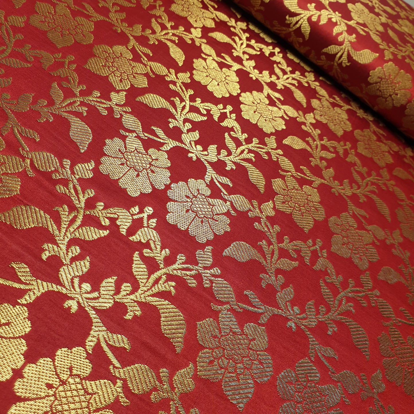Red Banarasi Brocade Fabric with Gold Zari Floral Design | Premium Indian Jacquard Material By Meter 44"