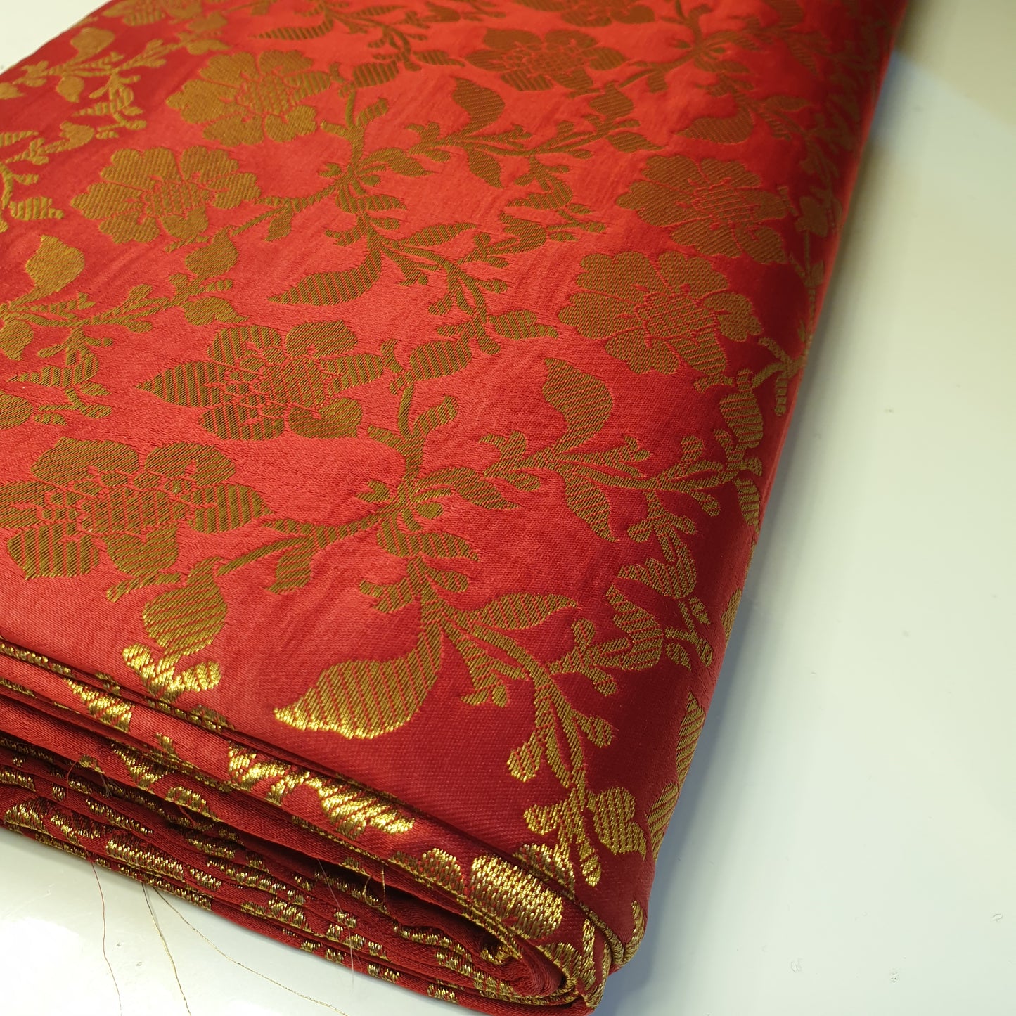 Red Banarasi Brocade Fabric with Gold Zari Floral Design | Premium Indian Jacquard Material By Meter 44"