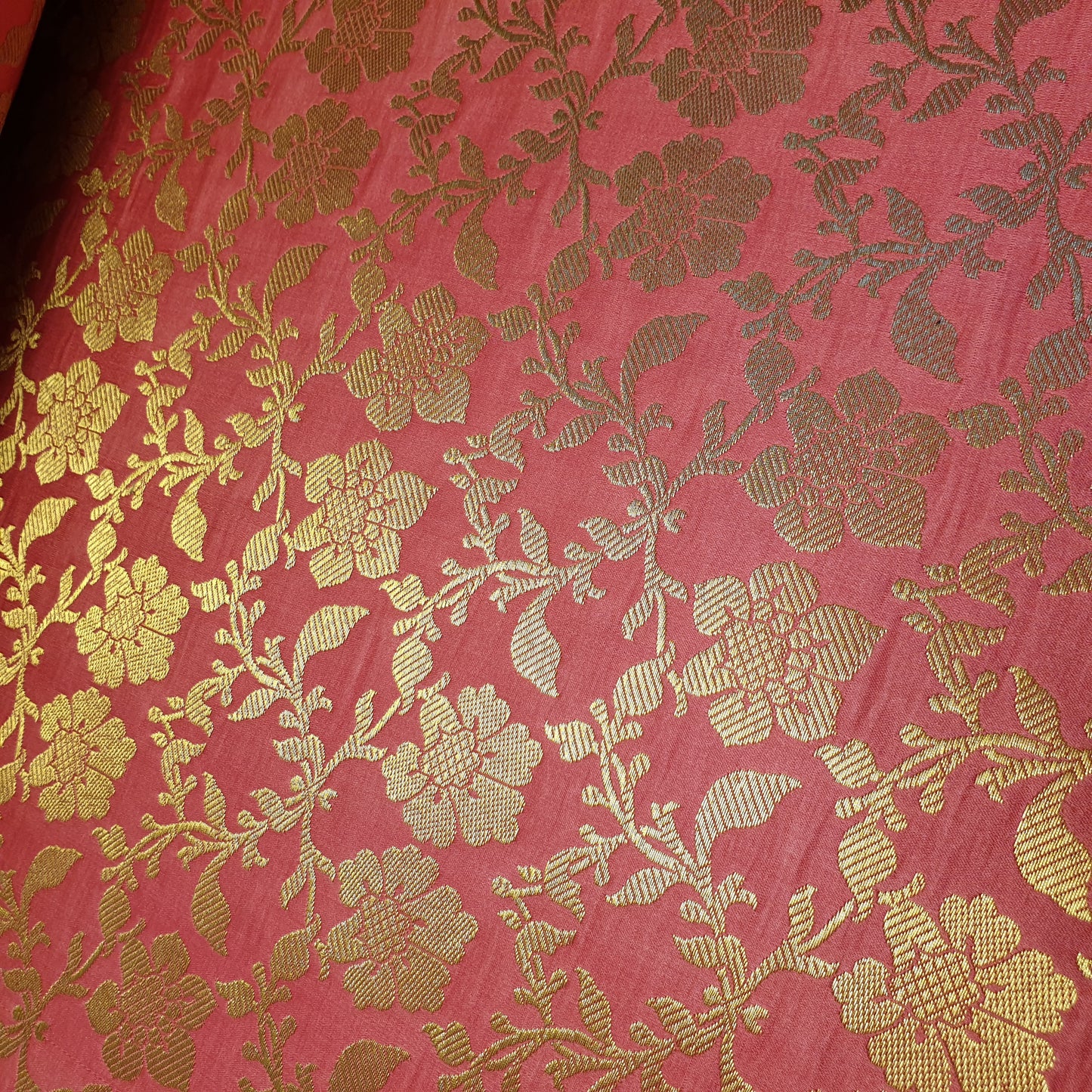 Coral Banarasi Brocade Fabric with Gold Zari Floral Design | Premium Indian Jacquard Material By Meter 44"