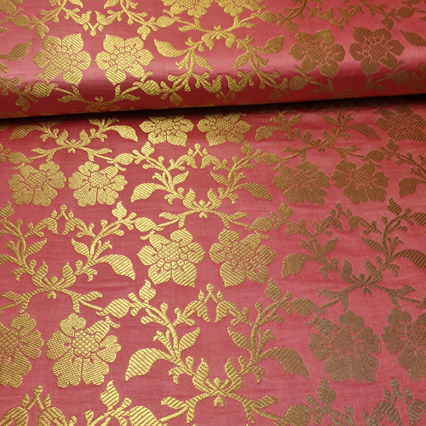 Coral Banarasi Brocade Fabric with Gold Zari Floral Design | Premium Indian Jacquard Material By Meter 44"