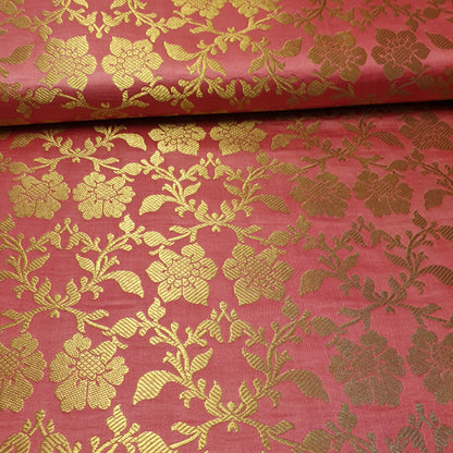 Coral Banarasi Brocade Fabric with Gold Zari Floral Design | Premium Indian Jacquard Material By Meter 44"