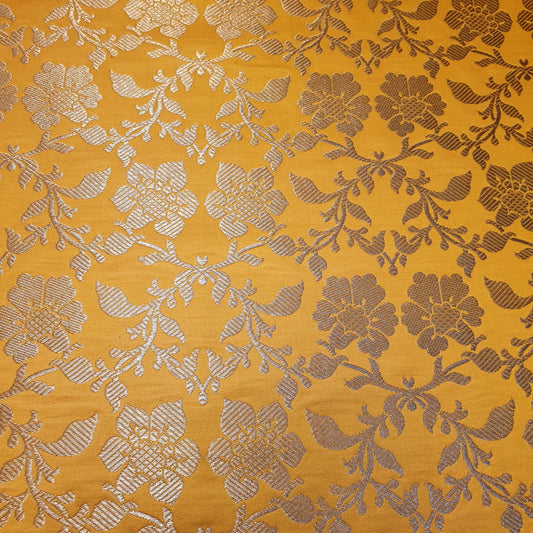 Yellow Banarasi Brocade Fabric with Gold Zari Floral Design | Premium Indian Jacquard Material By Meter 44"
